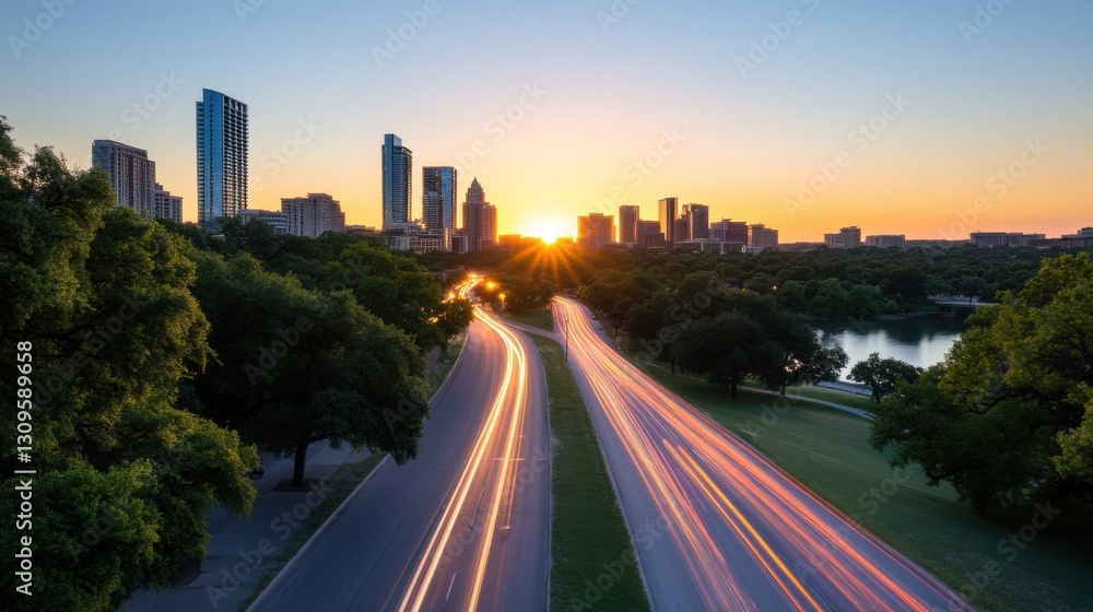 Fototapeta premium Stunning sunrise cityscape with highway light trails, showcasing modern architecture and lush green spaces.