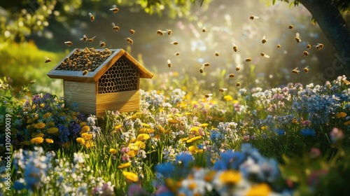 A Vibrant Beehive Scene: Bees, Wildflowers, and a Sunny Meadow Abundance