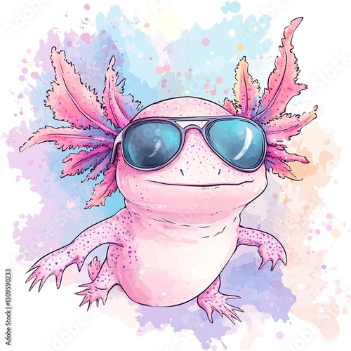 Cool axolotl wearing sunglasses against a watercolor background. This illustration features a pink amphibian with feathery gills.