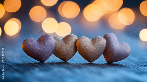 Romantic hearts, bokeh lights, wood