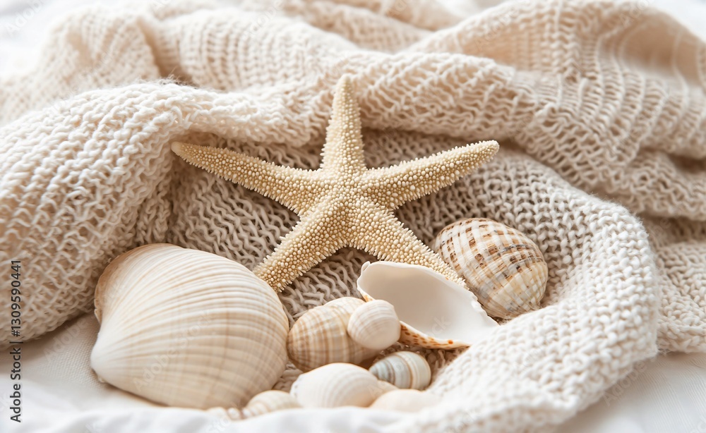 Fototapeta premium Elegant Seashell Collection Resting on Soft Creamy Knit Fabric with Serenity and Texture