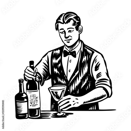 Vintage character illustration of a bartender serving wine