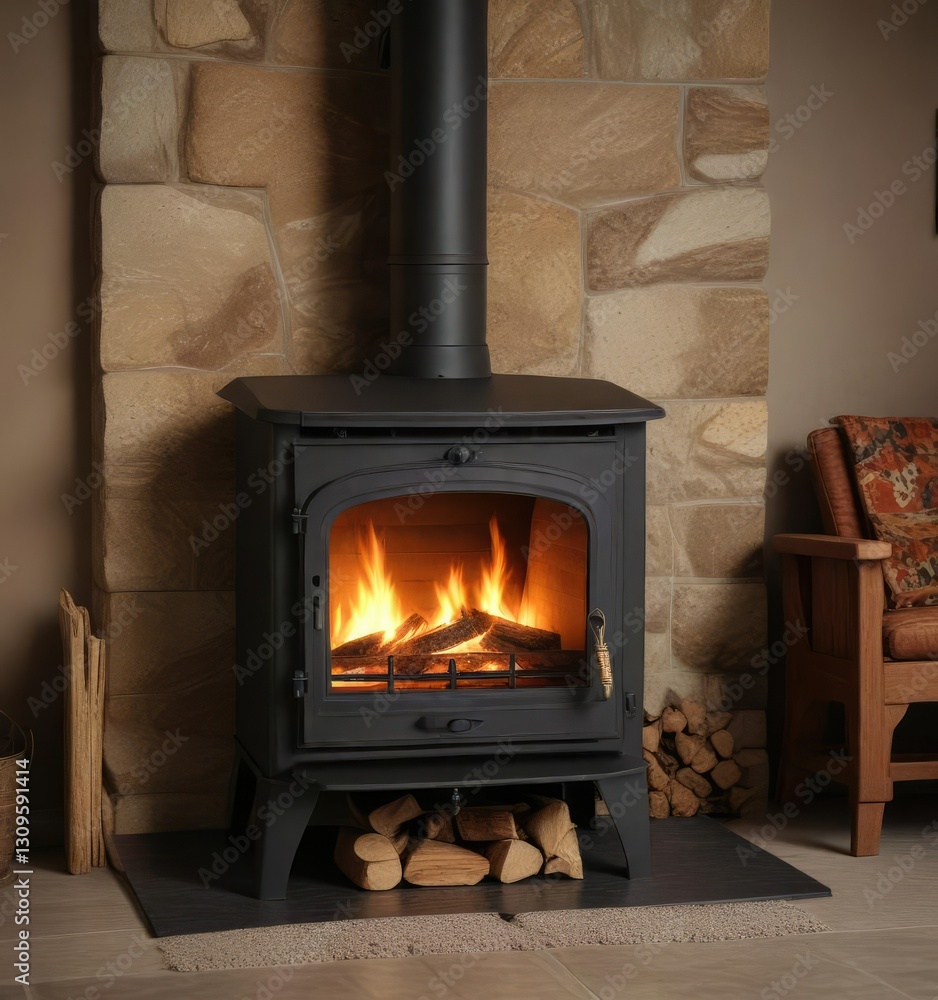 Fototapeta premium woodburning stove with wood burning in fireplace, wood stoves, wood heating
