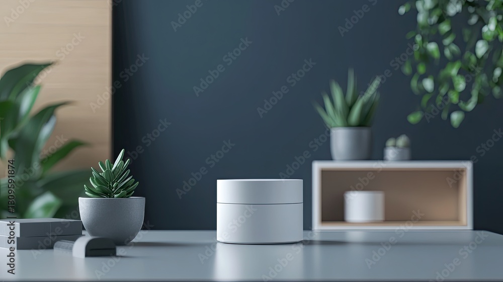 Minimalist Home Decor with White Container and Succulents on Grey Table Minimalist Home Decor with White Container and Succulents on Grey Table