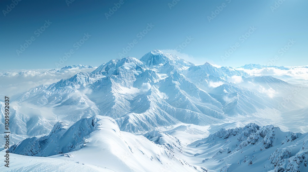 Snowy mountain peaks under blue sky, aerial winter landscape Snowy mountain peaks under blue sky, aerial winter landscape