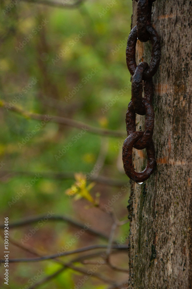 A close-up view of a rusty wet chain hanging from a tree in a natural forest environment. The blurred background highlights the textured details and conveys a sense of age and nature.