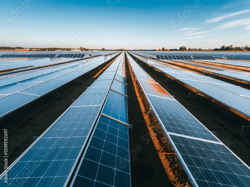 Time-lapse effect of shadows moving across a solar panel farm at different times of the day Ai Generate.
