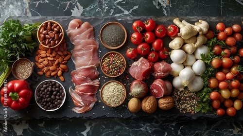 A variety of fresh and nutritious ingredients laid out on a dark surface showcasing vibrant colors and textures in an appealing arrangement