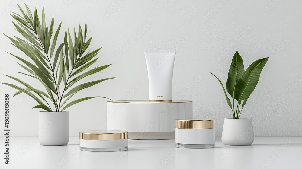 Elegant Skincare Product Display with Tropical Plants Minimalist White Background Elegant Skincare Product Display with Tropical Plants Minimalist White Background