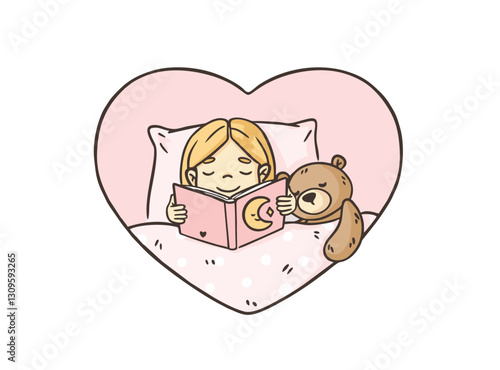 Girl reading a book with a teddy bear in bed vector illustration