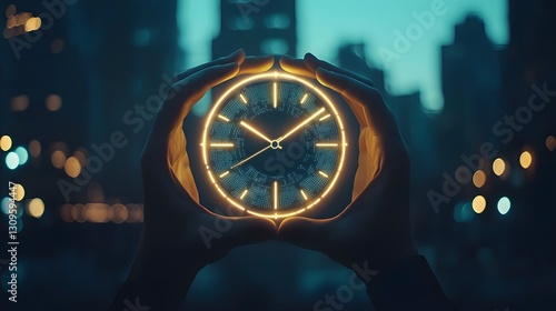 A glowing clock with illuminated hands at the center of a night city skyline emphasizing the balance and management of time as a key aspect of leadership and influence in the modern urban landscape