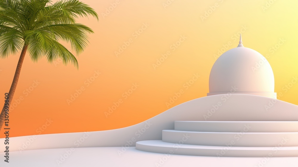 Fototapeta premium A serene scene featuring a white dome structure with curved steps, a palm tree, and a vibrant sunset background.