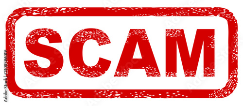 Dirty red stamp mark "SCAM" surrounded by a rounded frame (cut out)