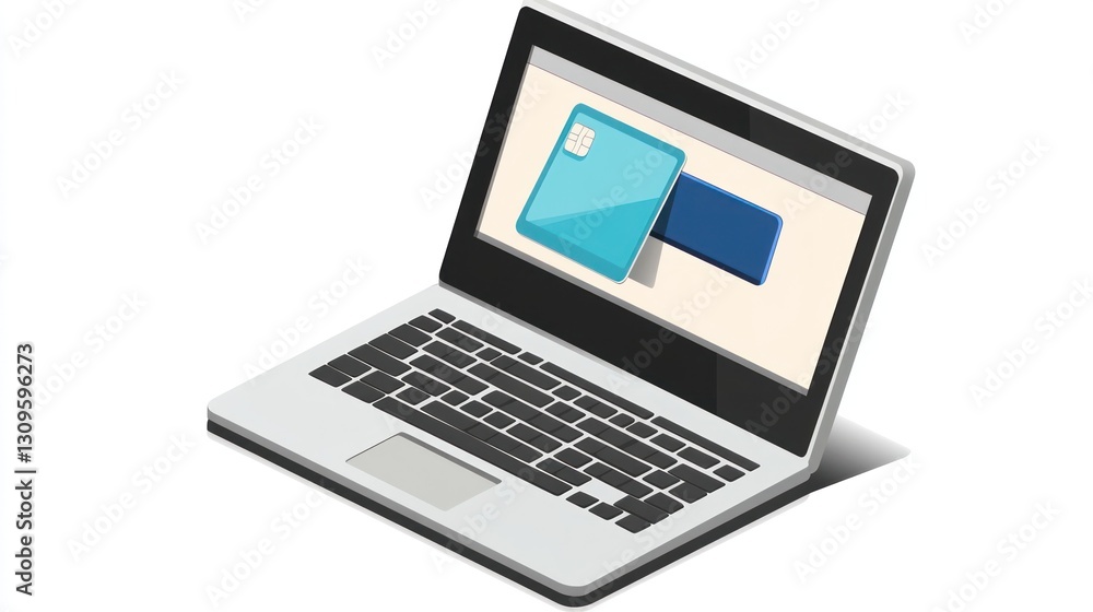 Laptop displaying two cards, isometric view, digital interface Laptop displaying two cards, isometric view, digital interface