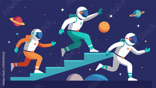 To improve their balance and coordination astronauts participate in a VR version of the popular sport of parkour jumping and climbing their way. Vector illustration