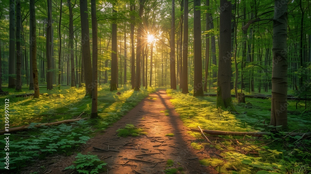 Fototapeta premium Serene forest path bathed in golden sunlight filtering through tall trees with lush greenery creating a peaceful natural scene
