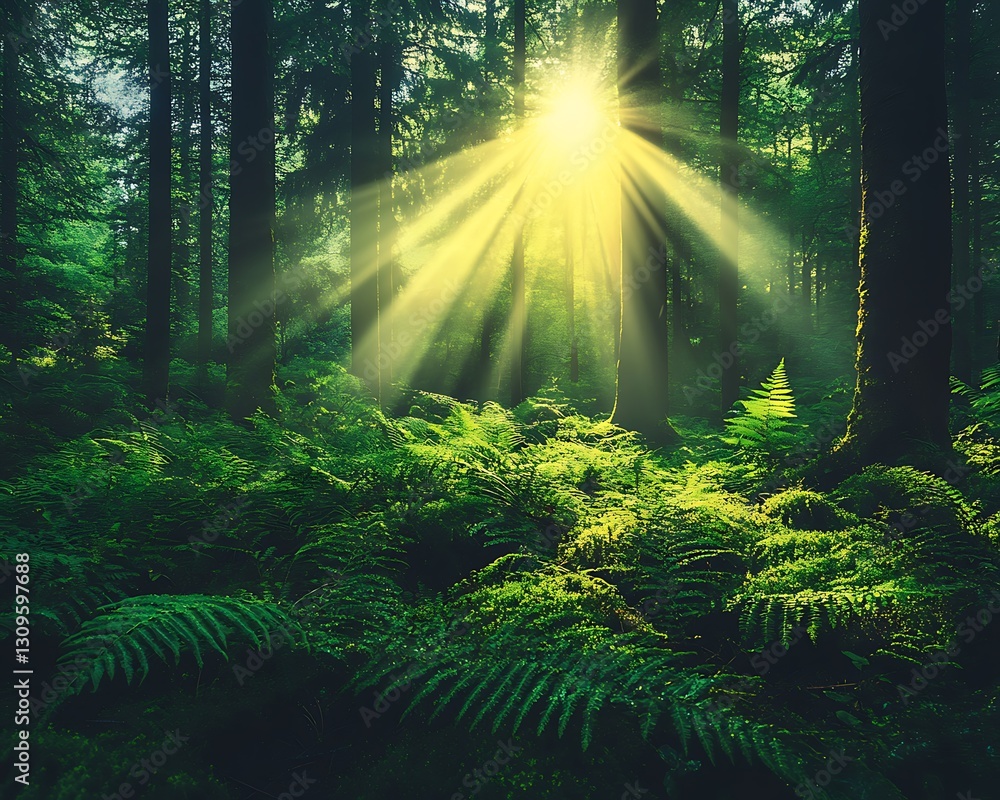 Fototapeta premium Sunbeams illuminating lush green forest.