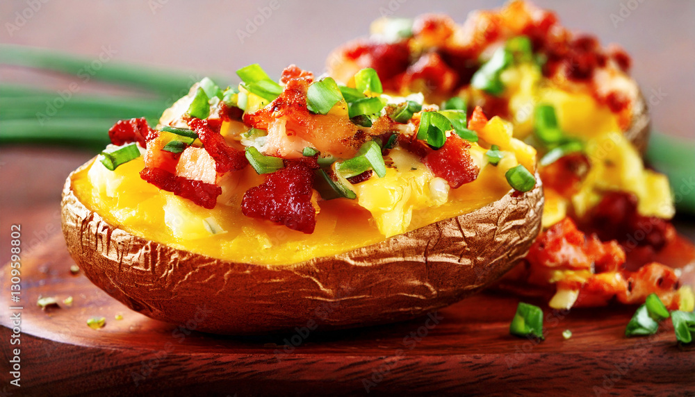 Stuffed bake potato, cheese and bacon, garnished with diced scallions. Generated AI Stuffed bake potato, cheese and bacon, garnished with diced scallions. Generated AI