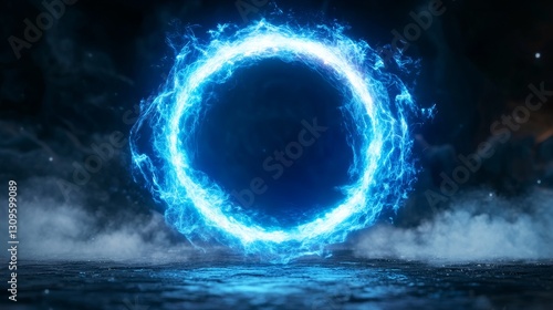 Luminous Water Circle - Glowing blue energy ring floats above water, creating a mystical scene. Perfect for fantasy, energy, or technology themes