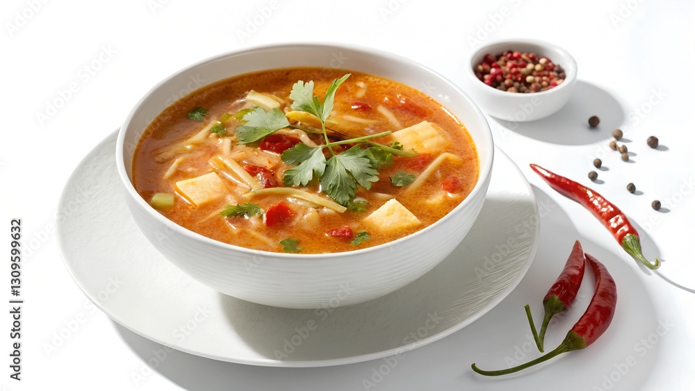 Spicy soup with tofu and fresh herbs served in a white bowl garnished with cilantro on a clean surface Spicy soup with tofu and fresh herbs served in a white bowl garnished with cilantro on a clean surface