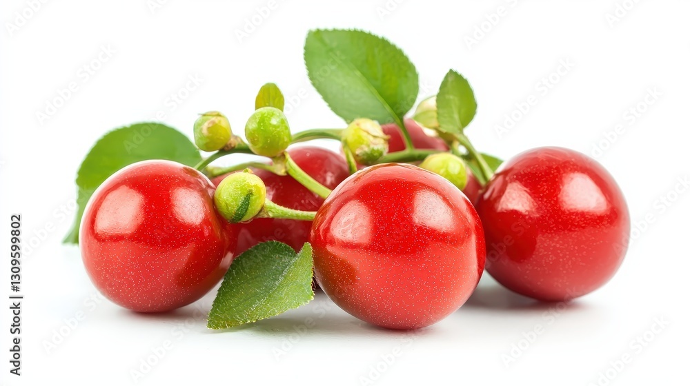 Obraz premium Bright red cherry with lush green stem captured on a pristine white background perfect for food and culinary themes