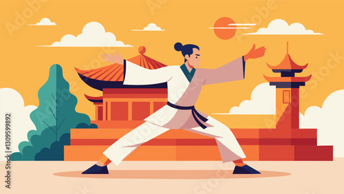 With gentle movements the emperor practices tai chi in the courtyard finding balance and peace in the graceful flow of the routine.. Vector illustration