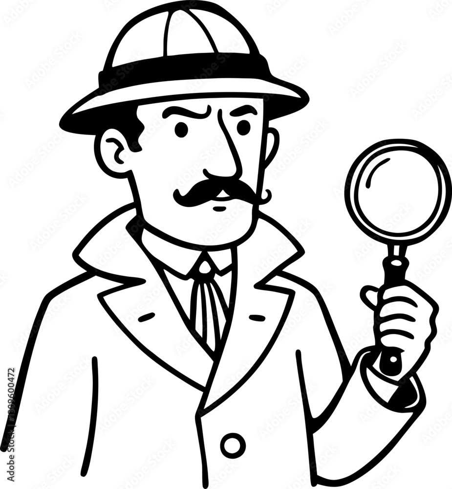 Detective character with magnifying glass classic detective illustration in black and white Detective character with magnifying glass classic detective illustration in black and white