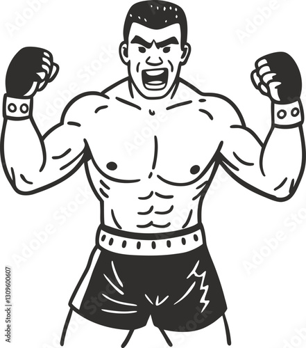 Boxing champion victory pose illustration, gloved fighter celebrates win, iconic strong boxer artwork