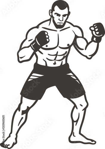 Boxing fighter in fighting stance muscular athlete ready for combat in martial arts, black and white illustration