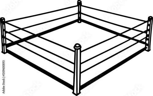 Empty boxing ring, black and white outline simple ring design, ropes and squared corners, minimalist sports illustration