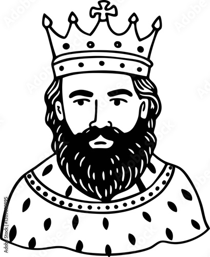 Medieval king illustration with crown and robe monochrome line art of royal figure, regal attire, historical depiction