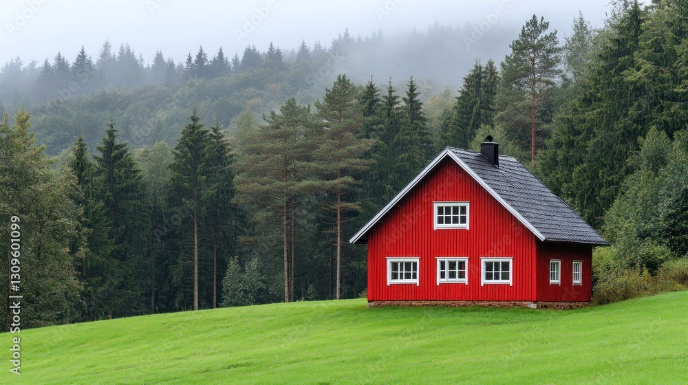 Red Chalet in Misty Forest Landscape Red Chalet in Misty Forest Landscape