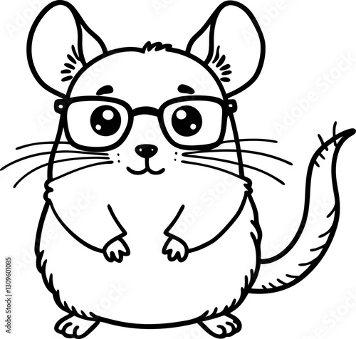 cute chinchilla in glasses adorable pet illustration, black and white art for coloring fun