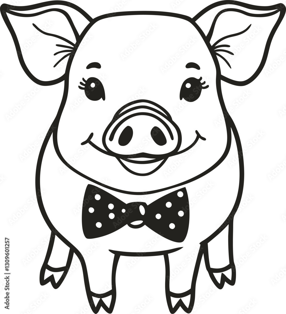 smiling pig in bow tie cute illustration, black and white farm animal, playful whimsical design smiling pig in bow tie cute illustration, black and white farm animal, playful whimsical design