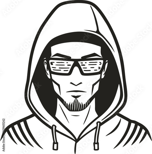 stylish hoodie clad hacker in sunglasses monochrome portrait, cyber security, digital anonymity concept