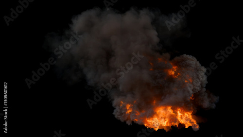 High angle view of Large Fire with intense Flames and thick dark Smoke rising high with billowing and turbulences on a Black Background