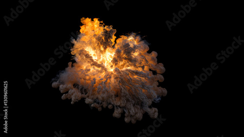 Dynamic explosion with orange flames and billowing smoke from the center suggesting a powerful and intense blast on a black background