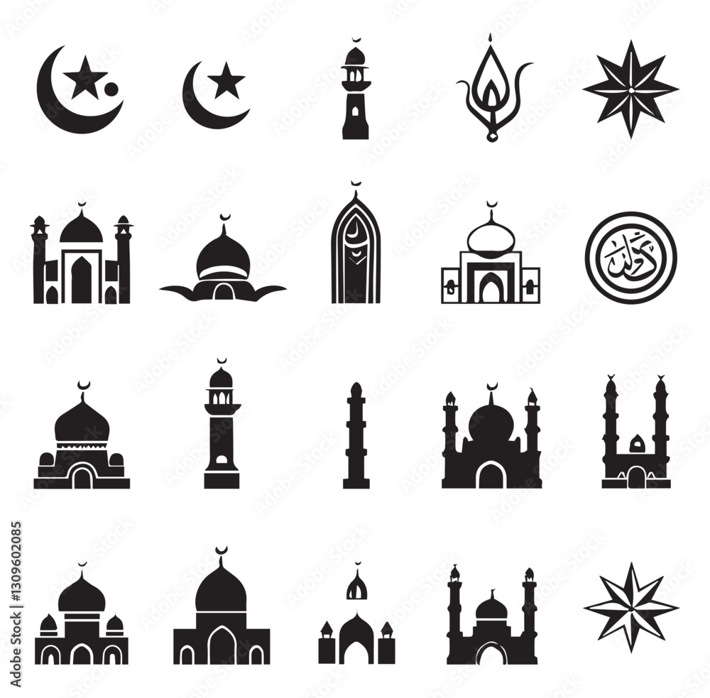 Islamic icon set vector design black and white, Ramadan and Eid collection Islamic icon set vector design black and white, Ramadan and Eid collection