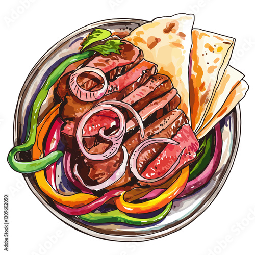 Watercolor Illustration of a Steak Fajita Platter with Tortillas
