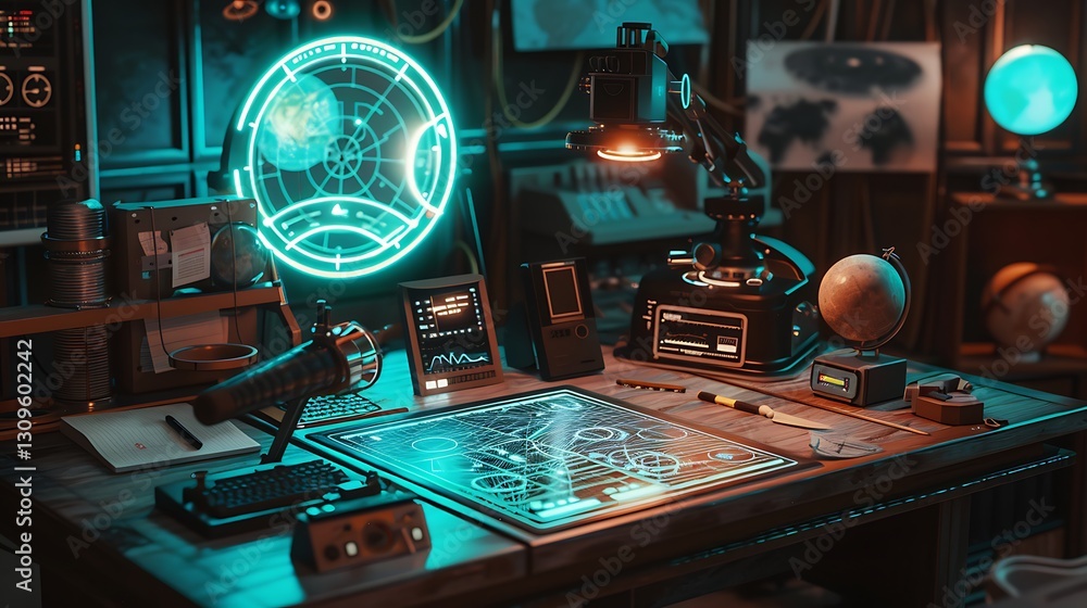 Fototapeta premium Retro Futuristic Control Room: A Sci-Fi Workstation