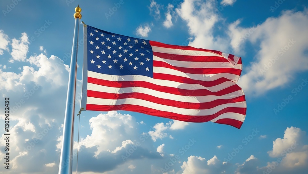 Waving Glory: The American Flag Under Fluffy Clouds Waving Glory: The American Flag Under Fluffy Clouds