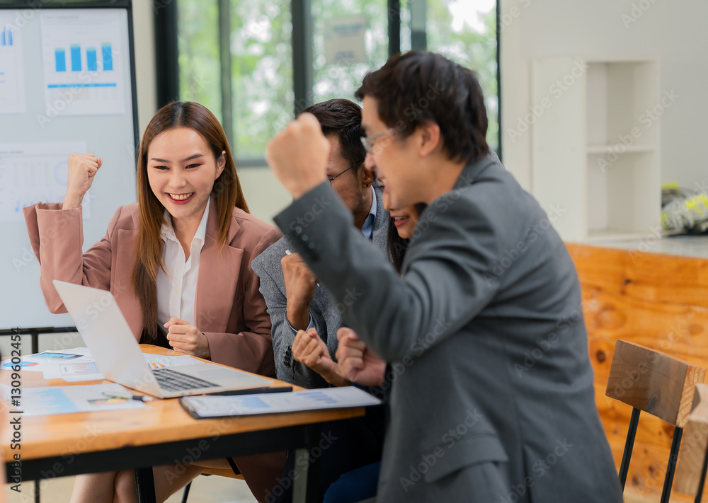 A group of successful businesses celebrate their success at the office during an ESG meeting, presenting information on company growth and marketing strategies. Colleagues applaud and cheer A group of successful businesses celebrate their success at the office during an ESG meeting, presenting information on company growth and marketing strategies. Colleagues applaud and cheer