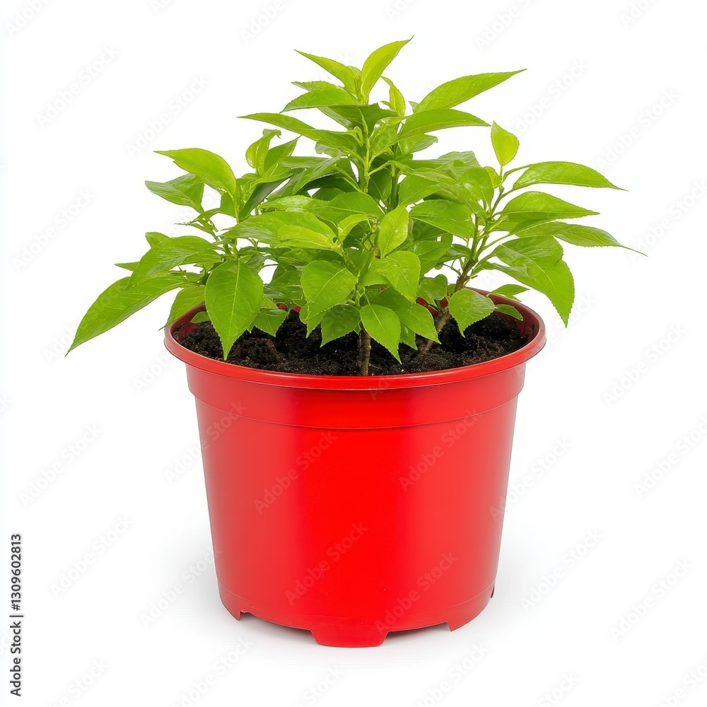 Small Green Plant in a Red Pot Against White Background Small Green Plant in a Red Pot Against White Background
