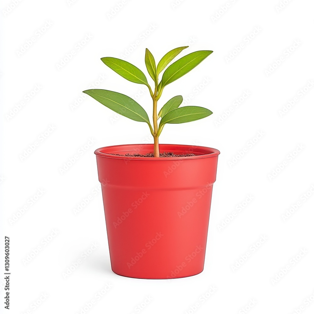 Small Green Plant in a Red Pot on White Background Small Green Plant in a Red Pot on White Background