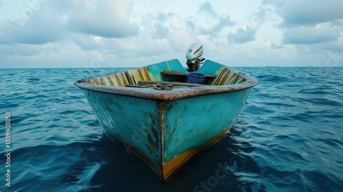 A rustic wooden boat floats effortlessly on the expansive ocean, juxtaposing serenity with adventurous spirit. photo