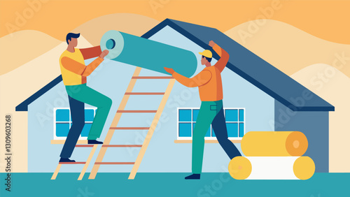 Two workers carefully carrying large rolls of insulation up a ladder to install in the attic of a newly constructed home.. Vector illustration
