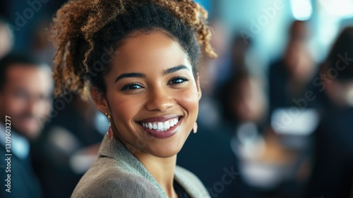 A smiling woman in a professional setting is seen