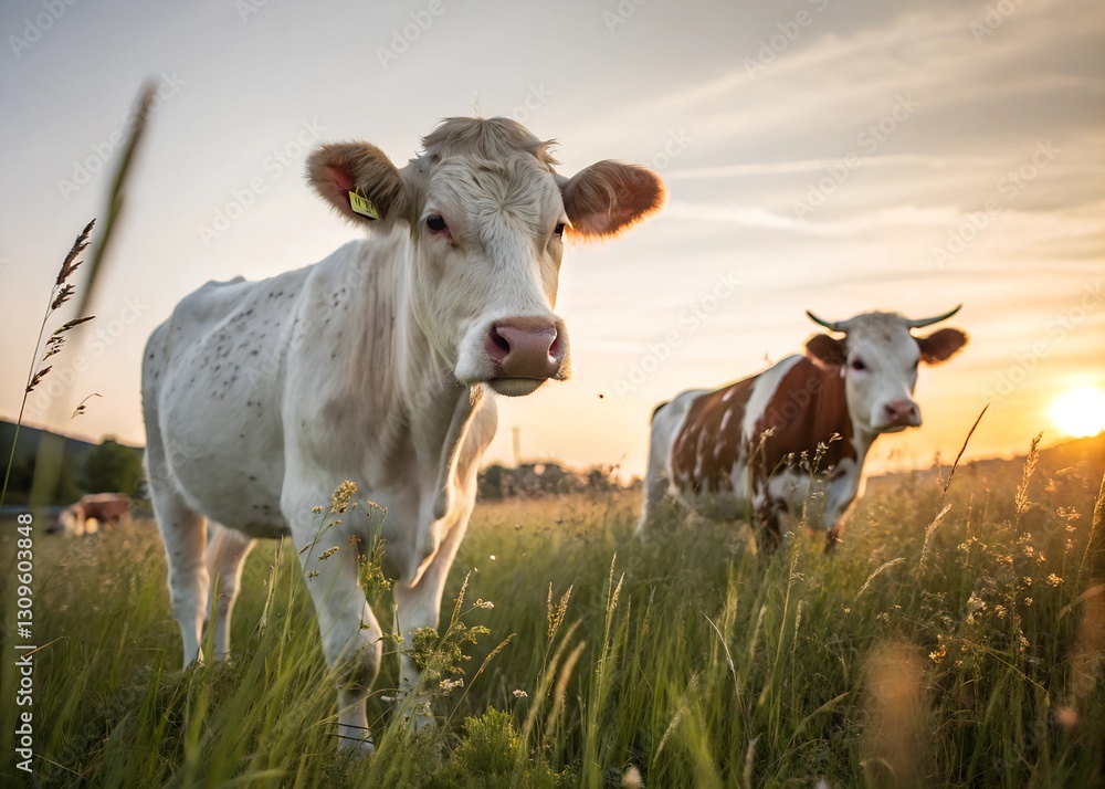 Cows grazing in a serene field at sunset showcasing the beauty of rural life and nature Cows grazing in a serene field at sunset showcasing the beauty of rural life and nature