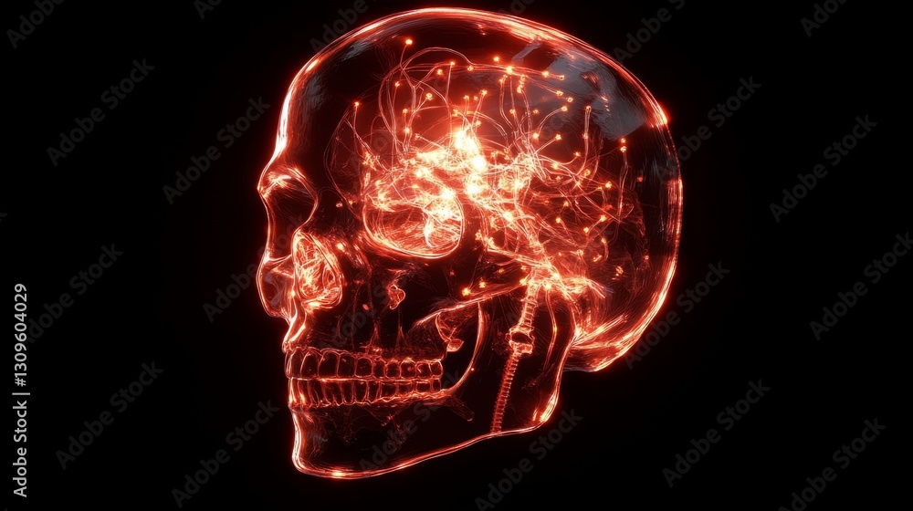 Exploring futuristic glowing skull x-ray with illuminated standards in a high-tech laboratory environment from an innovative perspective