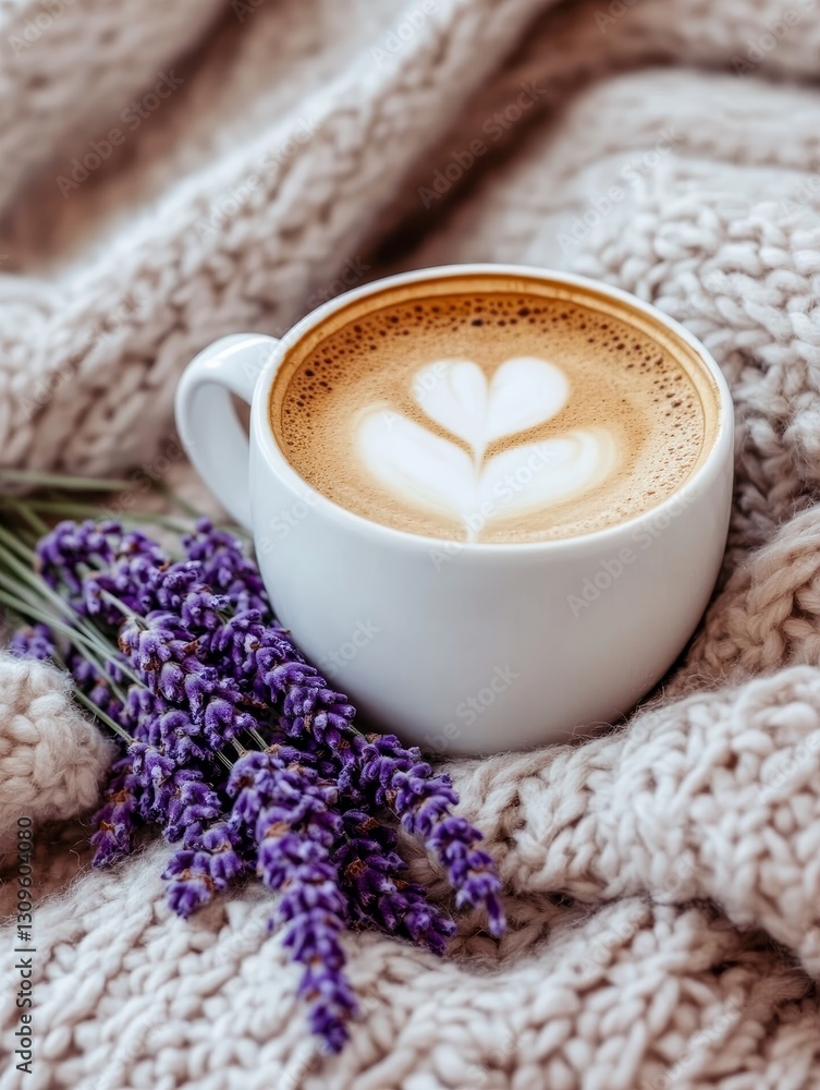 Cozy Coffee and Lavender - A steaming cup of latte art coffee rests on a warm knitted sweater next to a sprig of lavender. Perfect for fall or winter vibes Cozy Coffee and Lavender - A steaming cup of latte art coffee rests on a warm knitted sweater next to a sprig of lavender. Perfect for fall or winter vibes